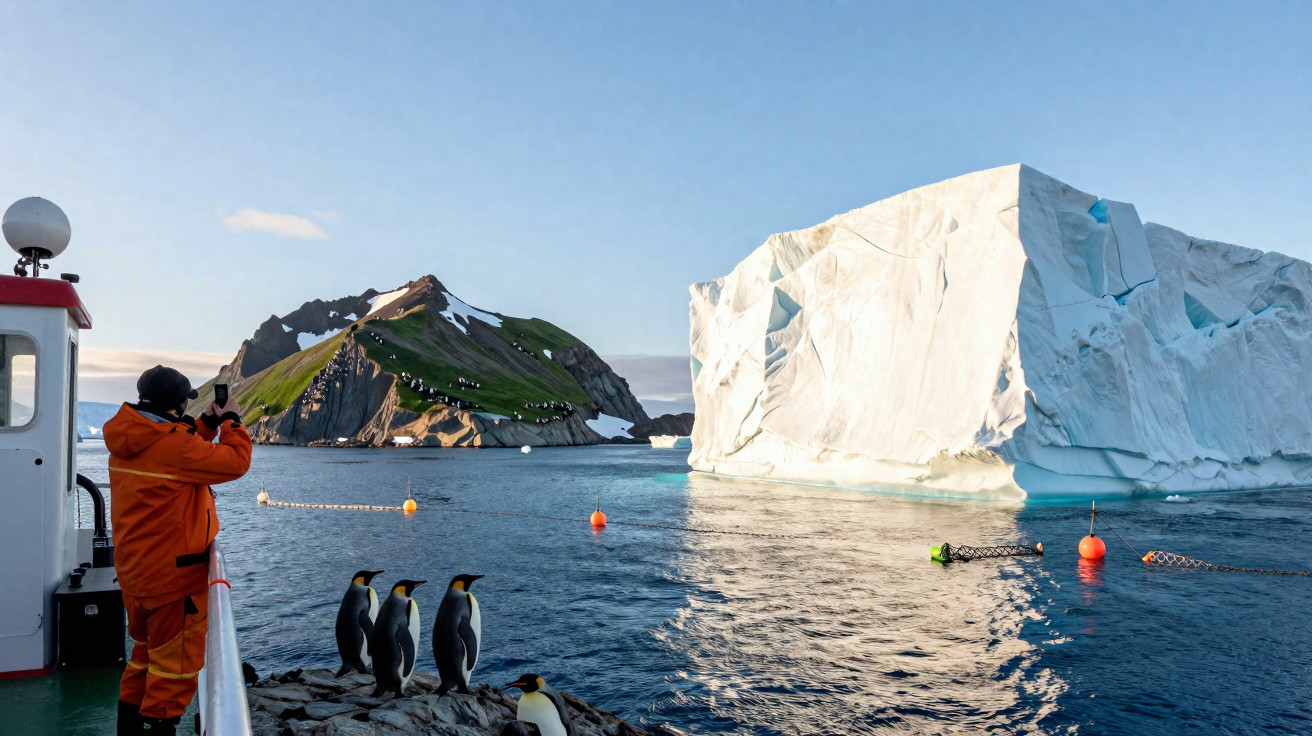 Person in orange gear on boat photographing group of penguins by an iceberg near a rocky island.