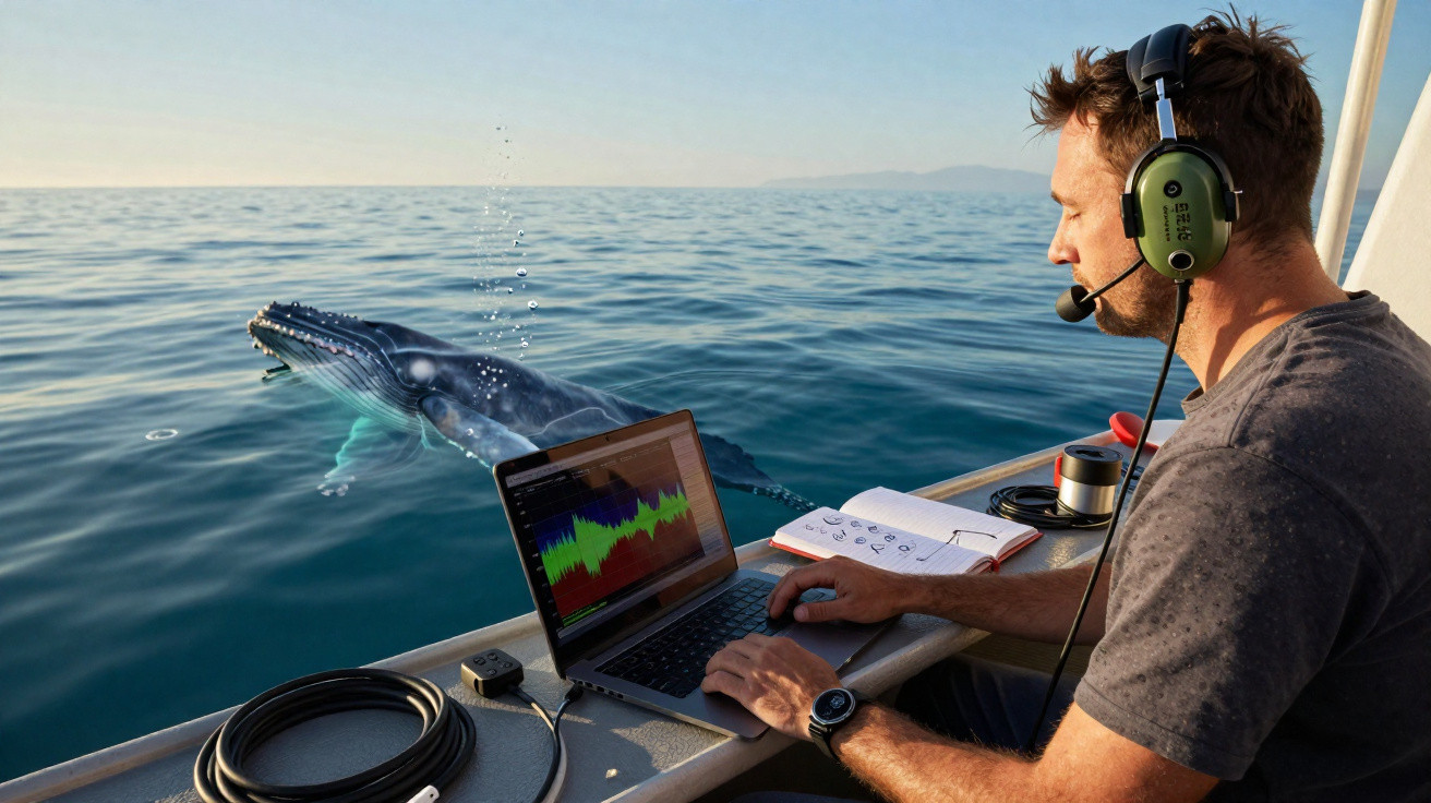 Man wearing headset analysing acoustic data on laptop from a whale surfacing next to a boat on calm sea.
