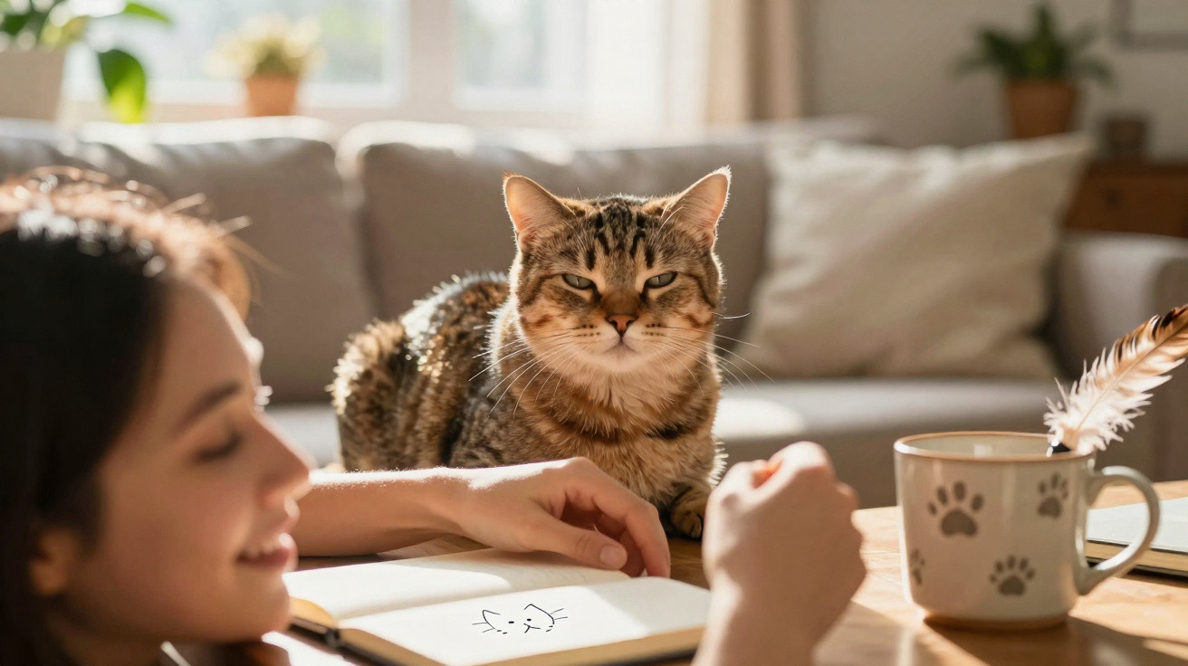 Young woman sketching a cat with a real tabby cat beside her on a wooden table in a cosy living room.