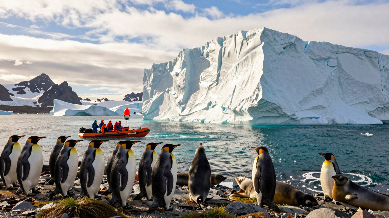 Group of king penguins and seals on rocky shore with tourists in boat near large iceberg in Antarctic water