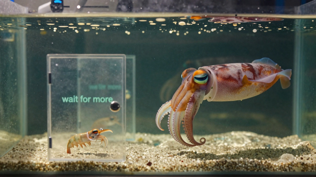 Small shrimp inside a clear box labelled "wait for more" faces a large squid in a sandy aquarium tank.