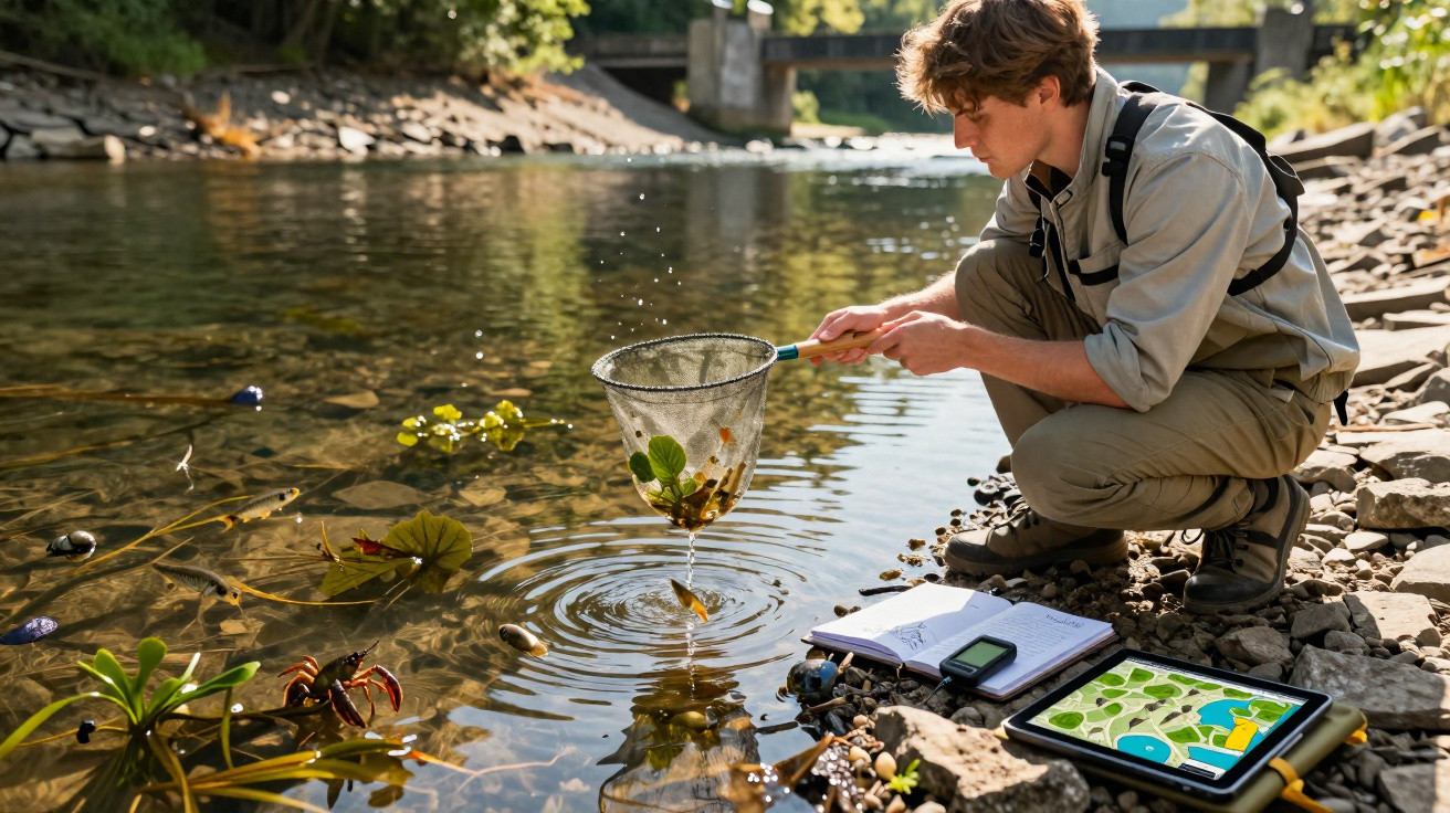 A young man in outdoor gear collects aquatic samples with a net by a riverbank on a sunny day.