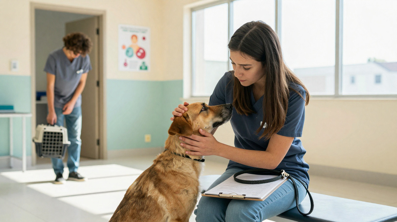 Veterinary staff examining and comforting a dog in a bright animal clinic with a pet carrier in the background.