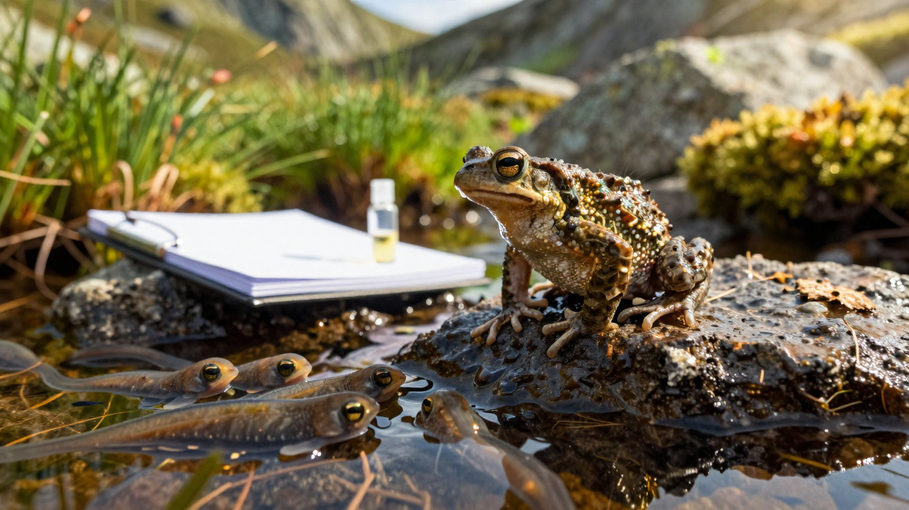 A toad on a rock near tadpoles in a pond with notes and a small vial in the background.