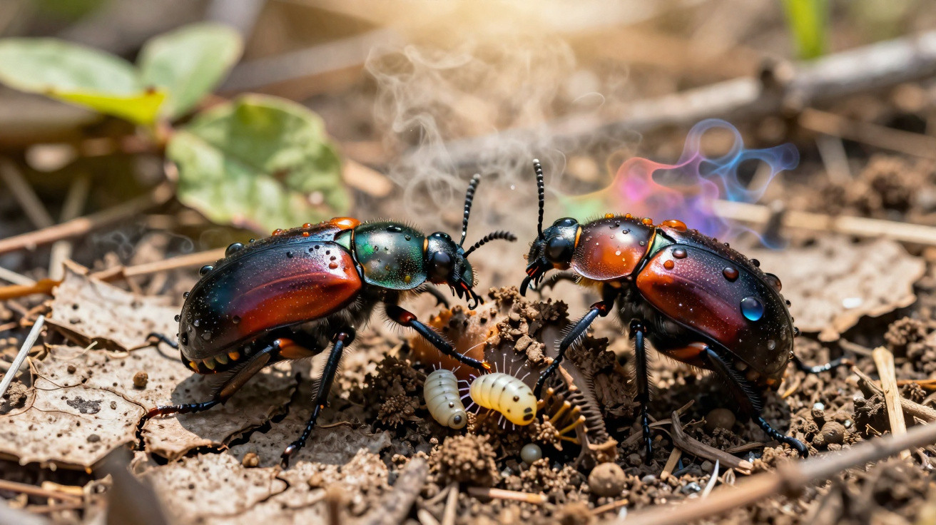 Two beetles with iridescent shells face each other on soil with larvae and smoke in the background.