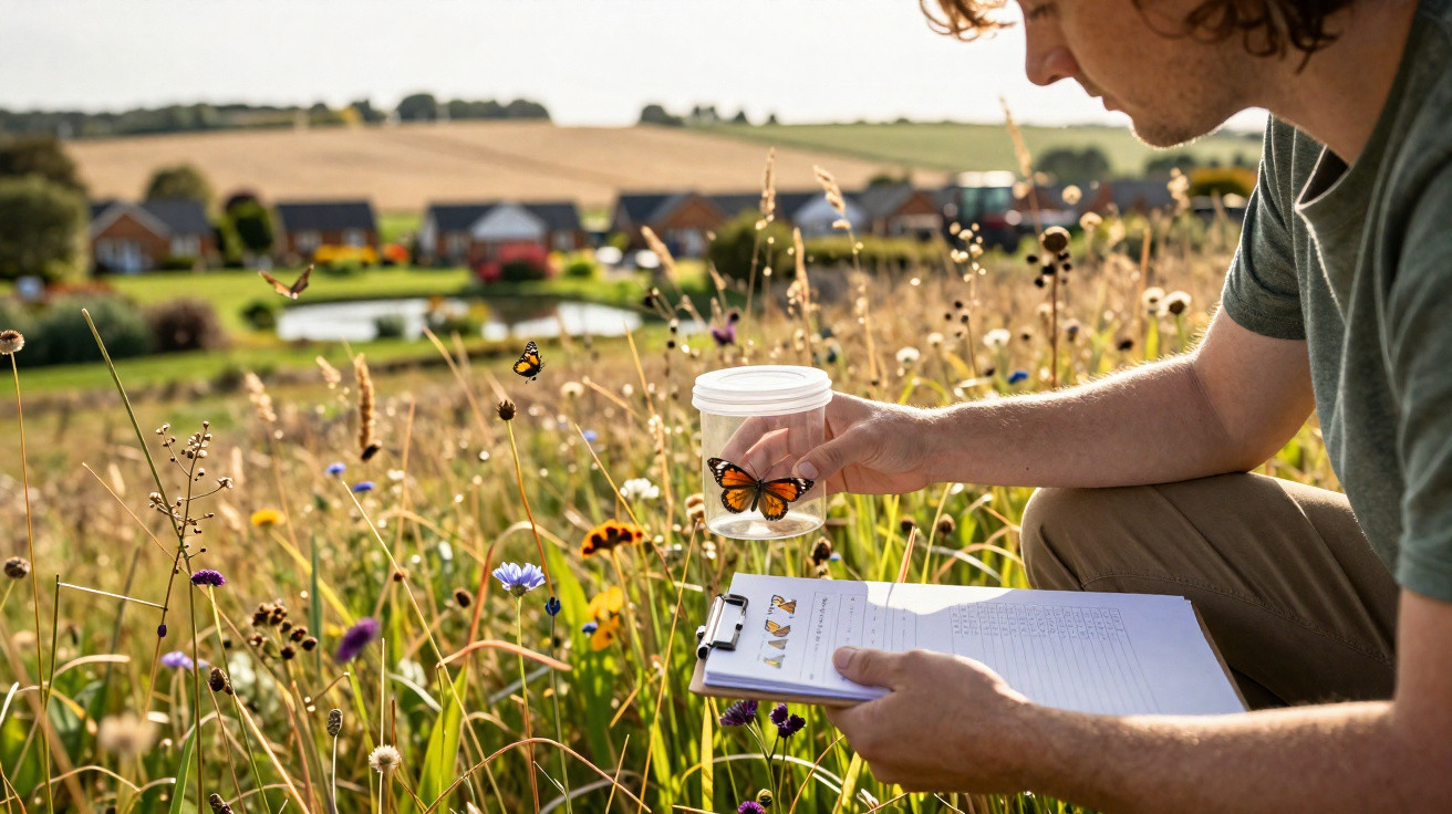 Person observing a butterfly in a wildflower meadow with a clipboard and jar in hand.