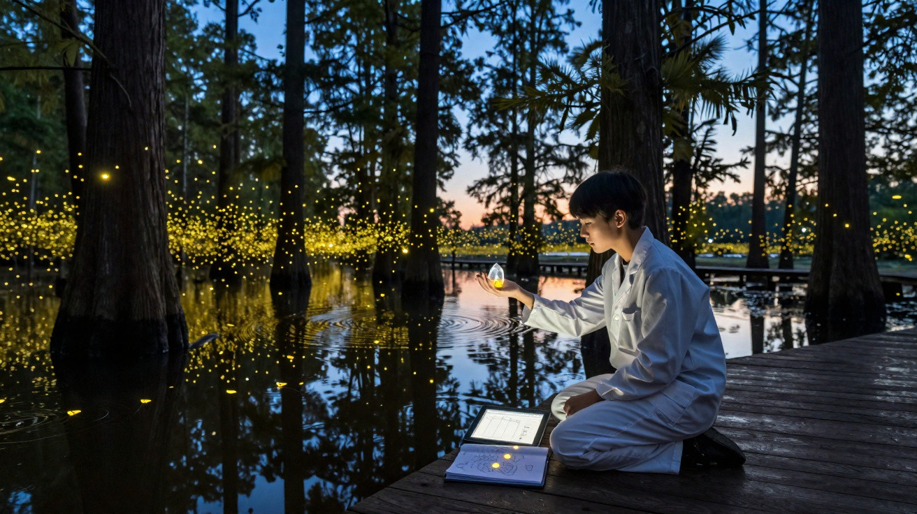 A person in white clothing kneels on a wooden platform at dusk, holding a glowing jar near a lake surrounded by trees and fir
