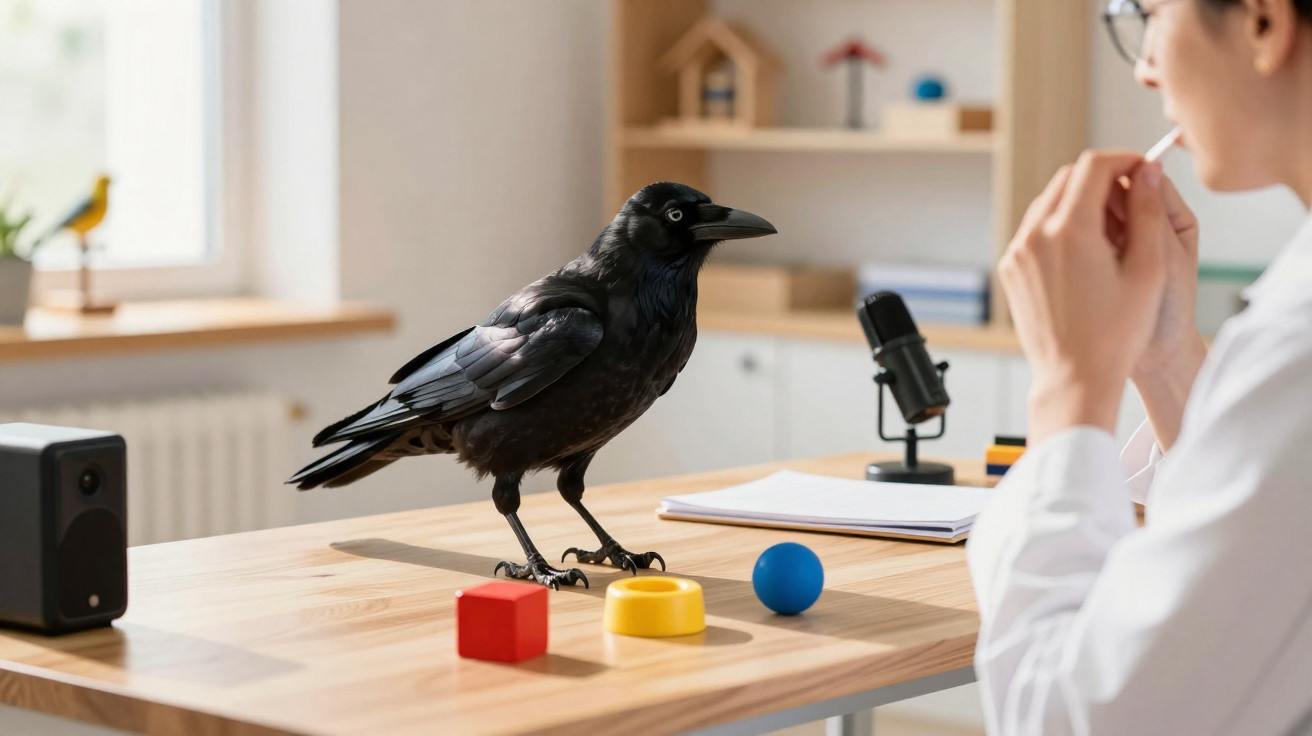 Black crow on a wooden table with colourful toys, facing a person in glasses and white coat.