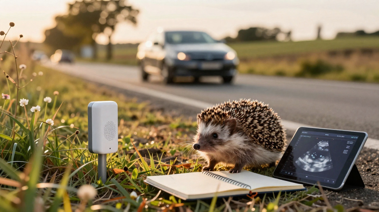 A hedgehog near a road stands beside a notebook and tablet displaying an ultrasound image in a grassy area.