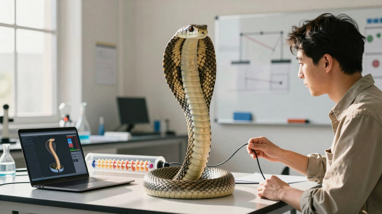 Man in a lab examining a large king cobra snake coiled on a table with a laptop displaying a 3D model of the snake.