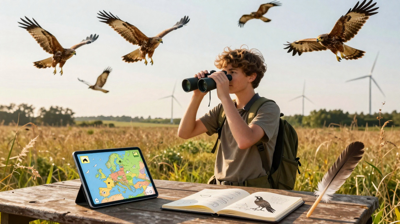 Boy with binoculars watching hawks flying over a field, with a tablet map and bird guidebook on the table.