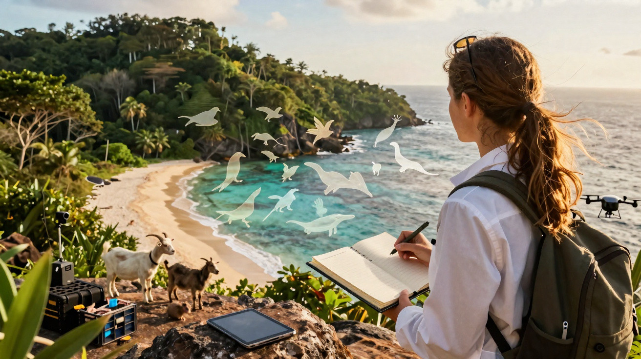 Woman sketching wildlife at a tropical beach with goats, a drone, and digital tablet nearby.