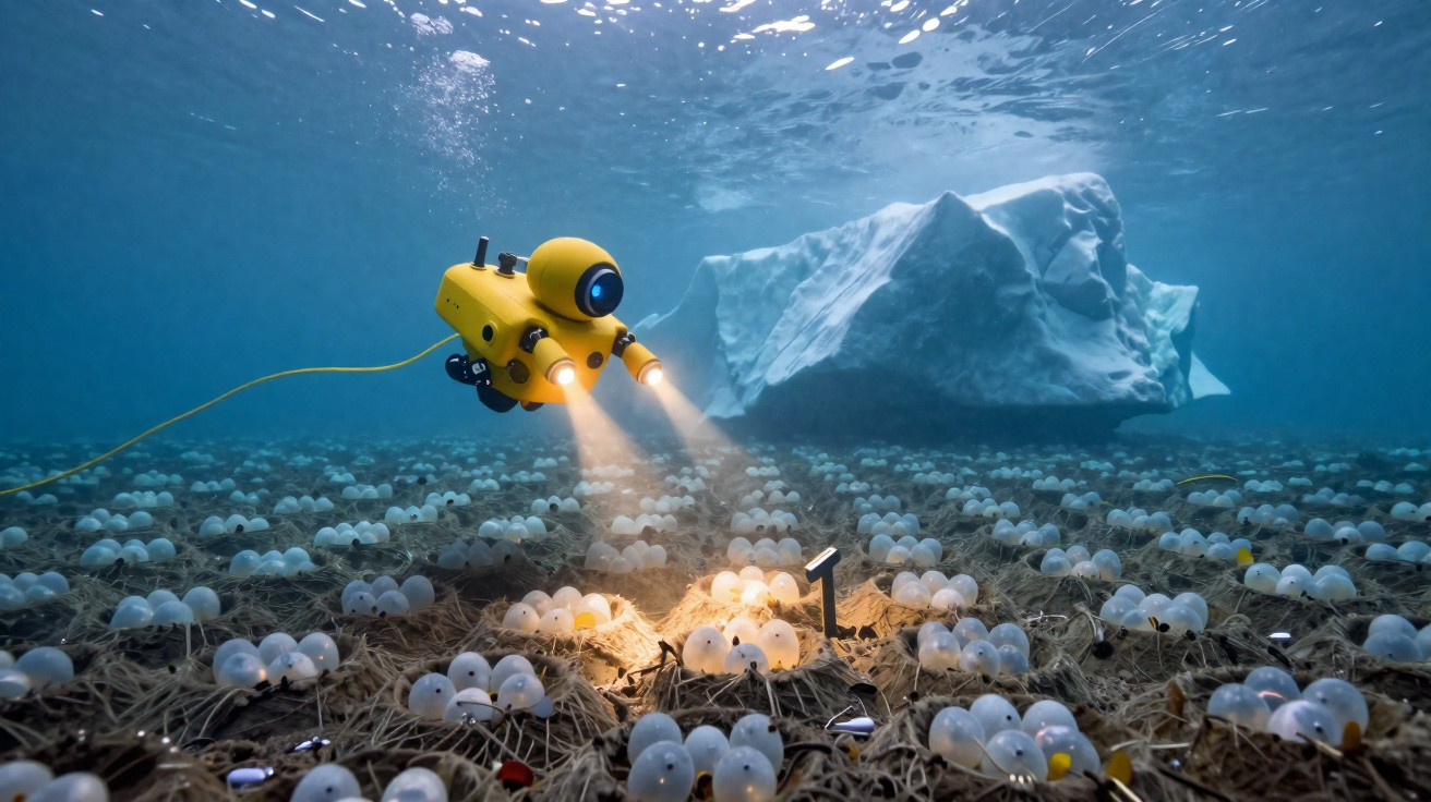 Yellow underwater drone with lights inspecting clusters of translucent spheres on the seabed near an iceberg.