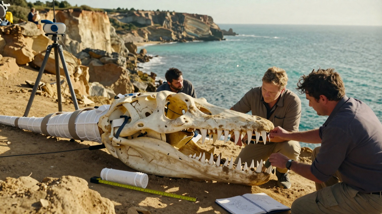 Three researchers examining a large crocodile skull fossil on a rocky coastline.
