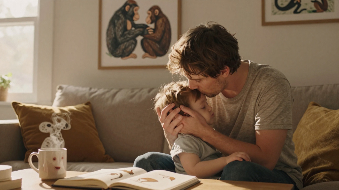 Father tenderly kissing his young child on the forehead while sitting on a sofa with a book open nearby.