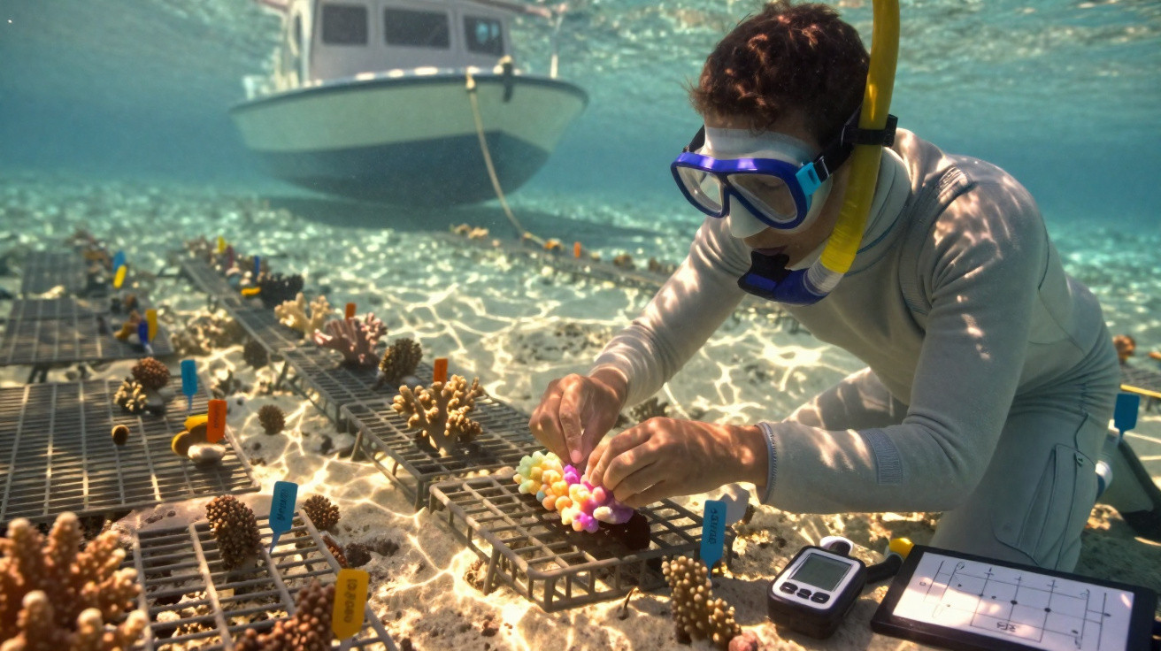 Snorkeller tending to coral fragments on underwater nursery racks with a boat floating above on clear water.