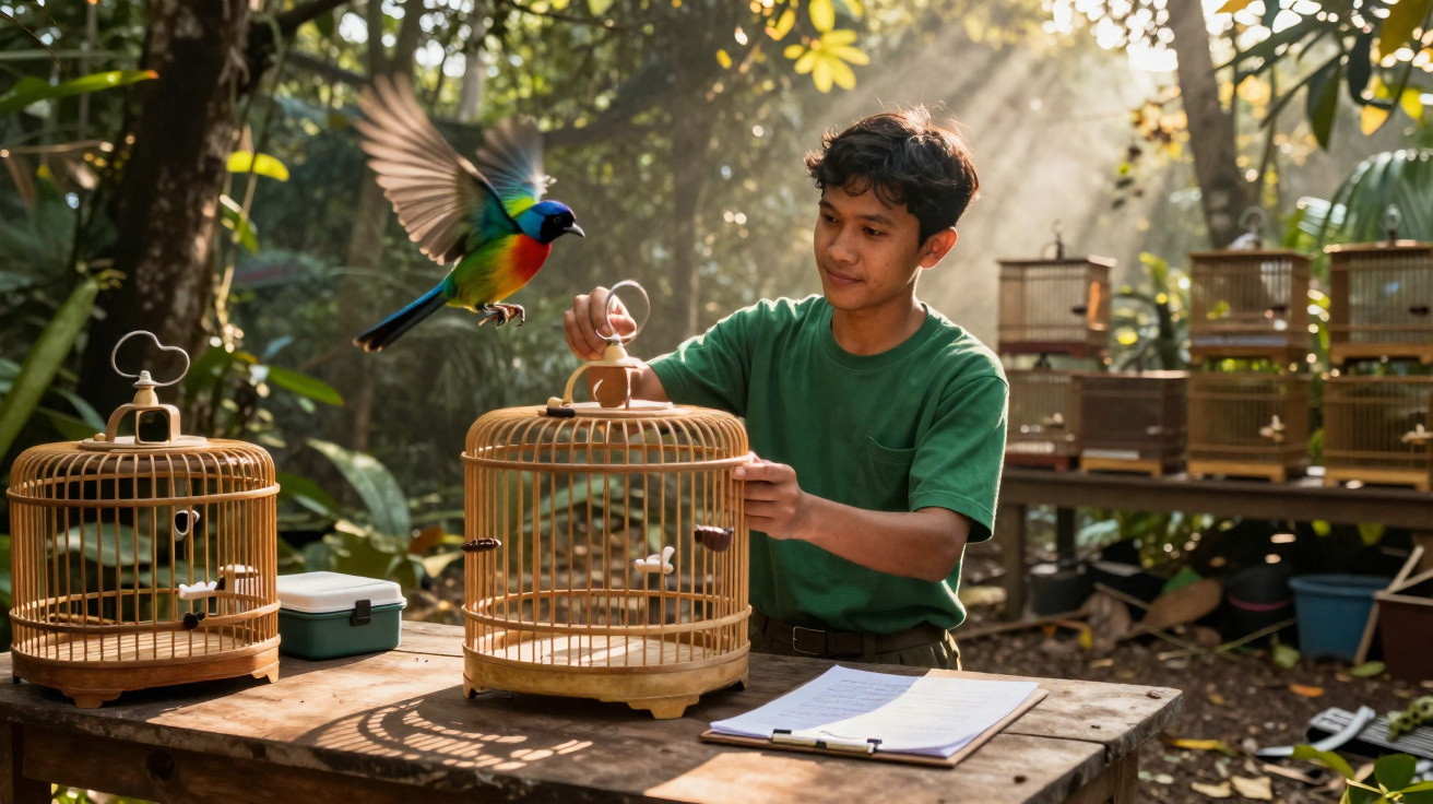 Young man releasing a colourful bird from a wooden cage outdoors on a sunny day.