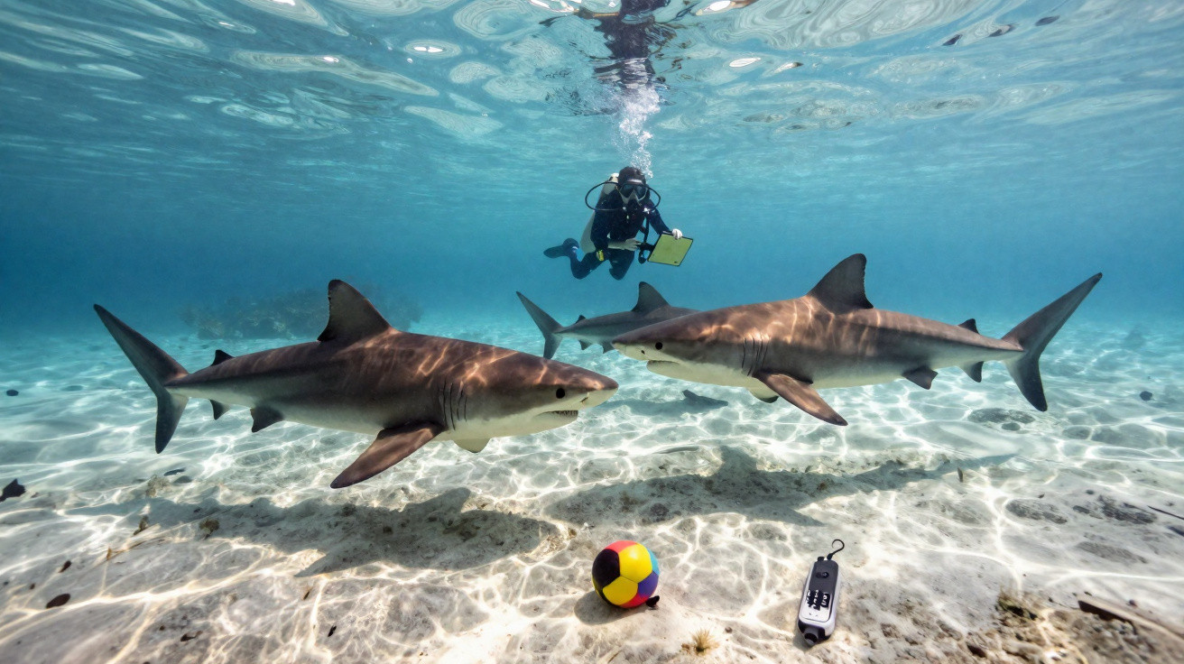 Scuba diver underwater observing two large sharks near a colourful ball and an underwater device on the seabed.