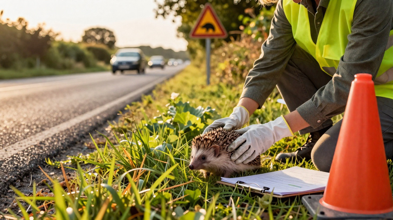Person wearing gloves and hi-vis jacket rescuing a hedgehog beside a busy roadside with traffic cones and a clipboard nearby