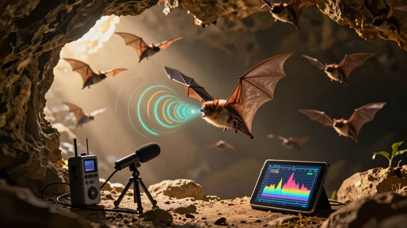 Bats flying in a cave with one bat emitting sonar waves towards a microphone and sound reader device.