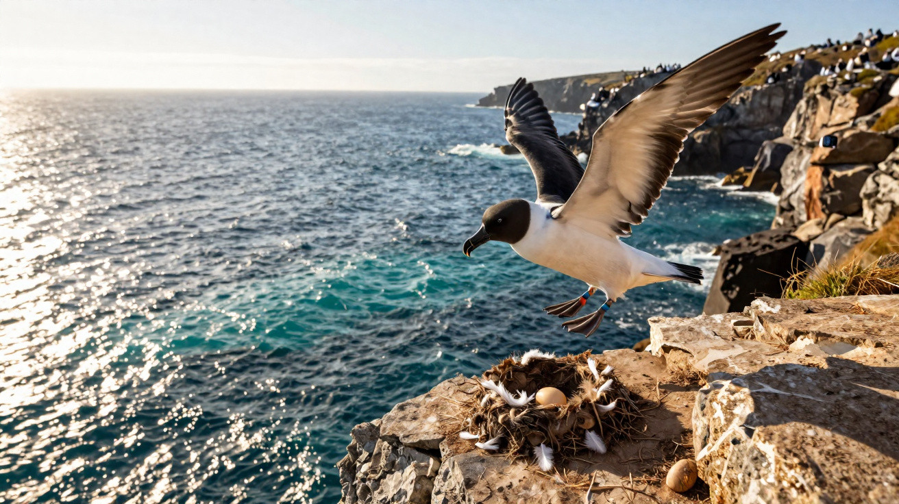 Seagull taking flight from cliff edge next to nest with eggs overlooking bright blue ocean.