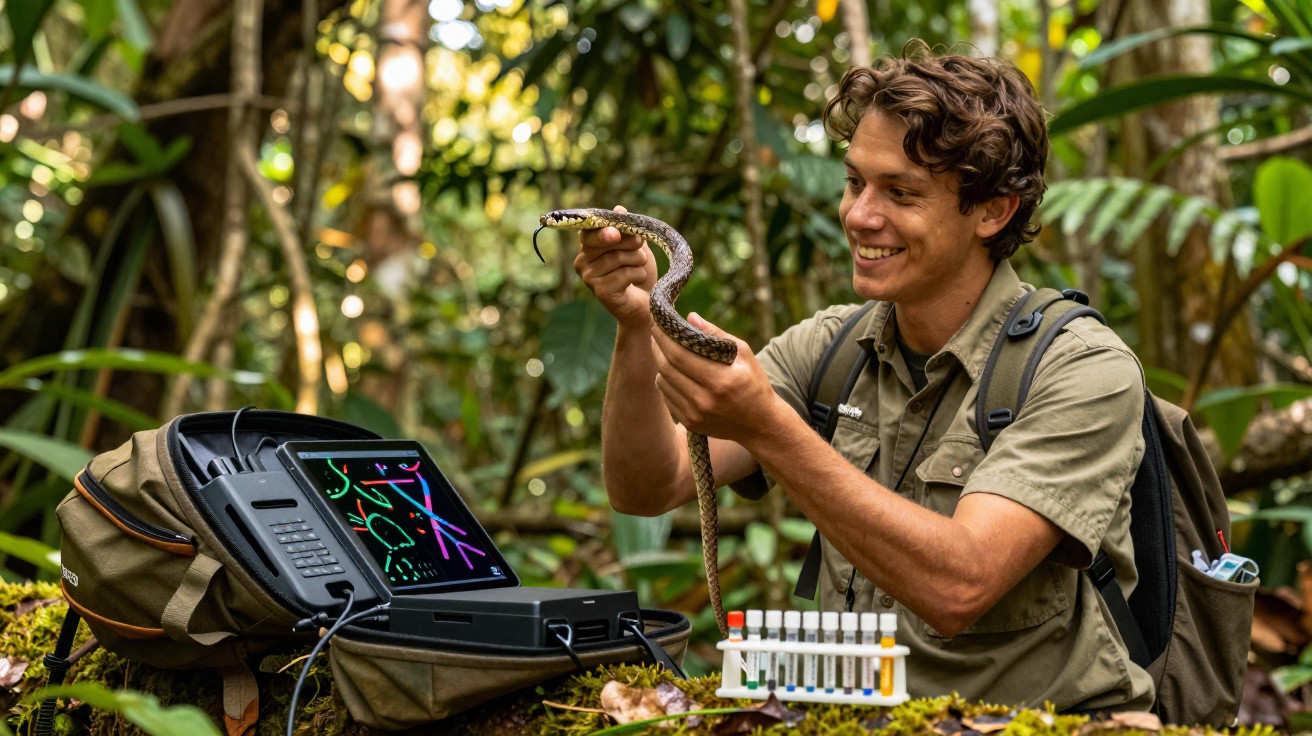 Man holding a snake in a forest with scientific equipment and test tubes on a mossy log nearby.