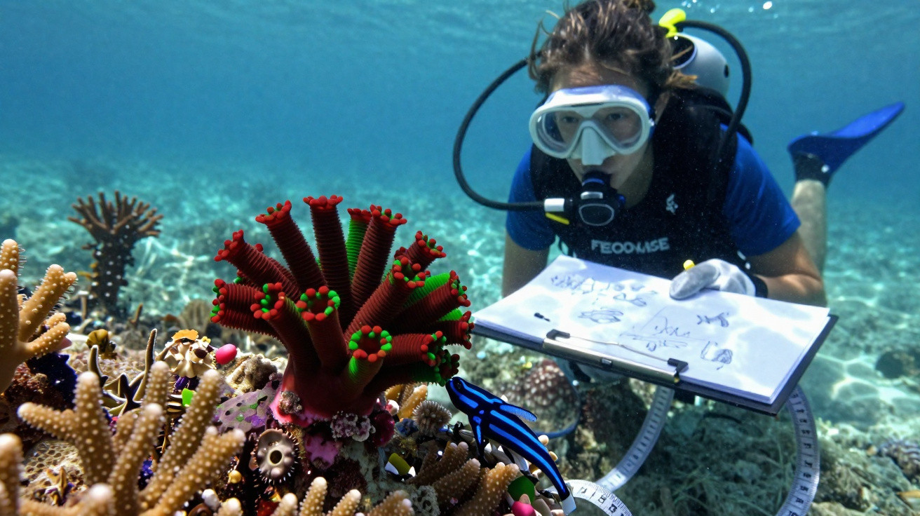 Scuba diver underwater studying coral reef and making notes on a clipboard in clear blue ocean.