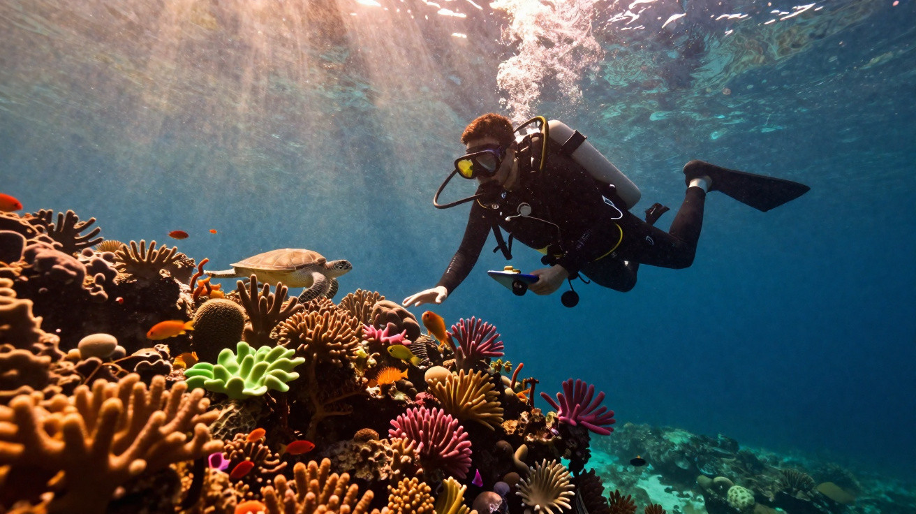 Scuba diver exploring a colourful coral reef with a sea turtle swimming nearby in clear blue water.