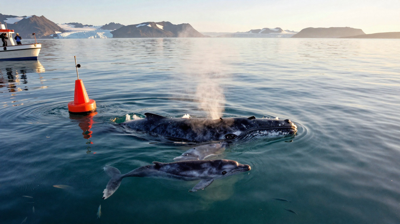 Adult and calf humpback whales surfacing near a buoy in calm Arctic waters with mountains and a glacier in the background.