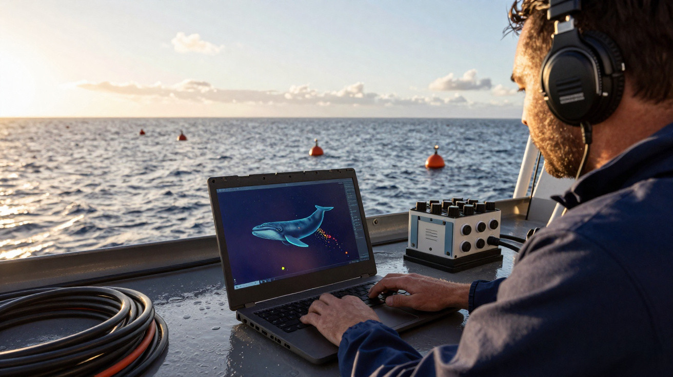 Man wearing headphones operating a laptop with a whale graphic on screen, on a boat at sea during sunset.