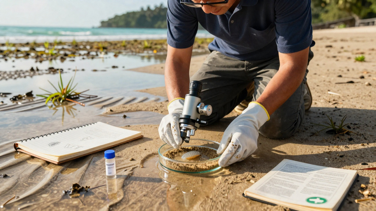 Scientist examining a specimen in a petri dish with a microscope on a sandy beach near the sea.