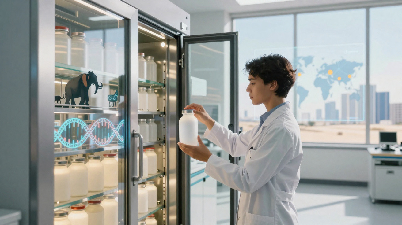 Scientist in lab coat taking a bottle from a refrigerator filled with similar bottles in a bright laboratory.