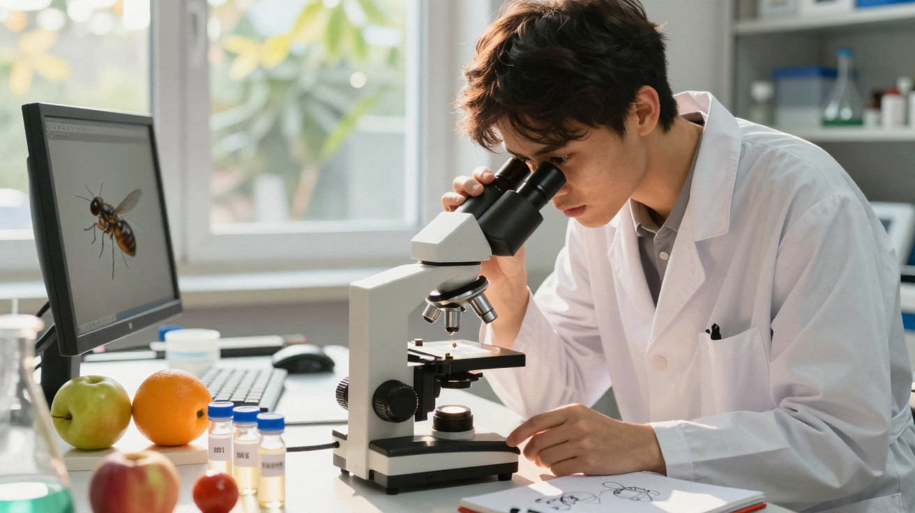 Scientist in a lab coat examining a sample under a microscope with a screen showing a close-up of a bee.