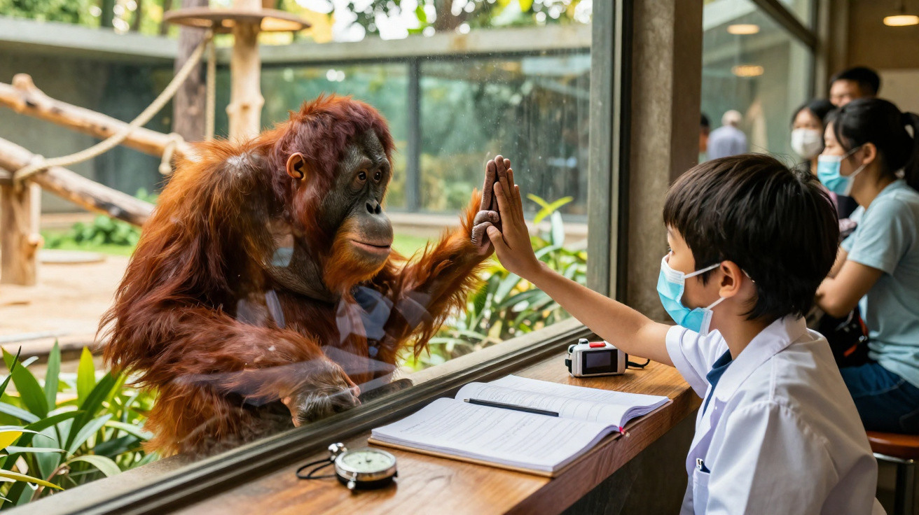 Child wearing a mask touching hands with an orangutan through a glass barrier at a zoo or sanctuary.