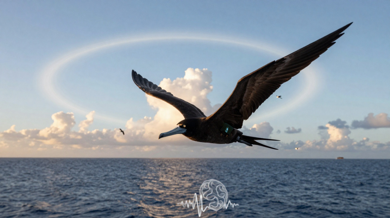 A frigatebird soaring over the ocean with a halo cloud and scattered clouds in the blue sky.