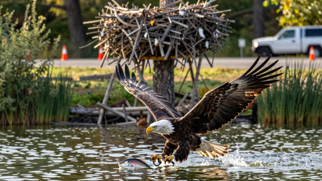 Bald eagle swooping down over water to catch a fish with a large stick nest and trees in the background.