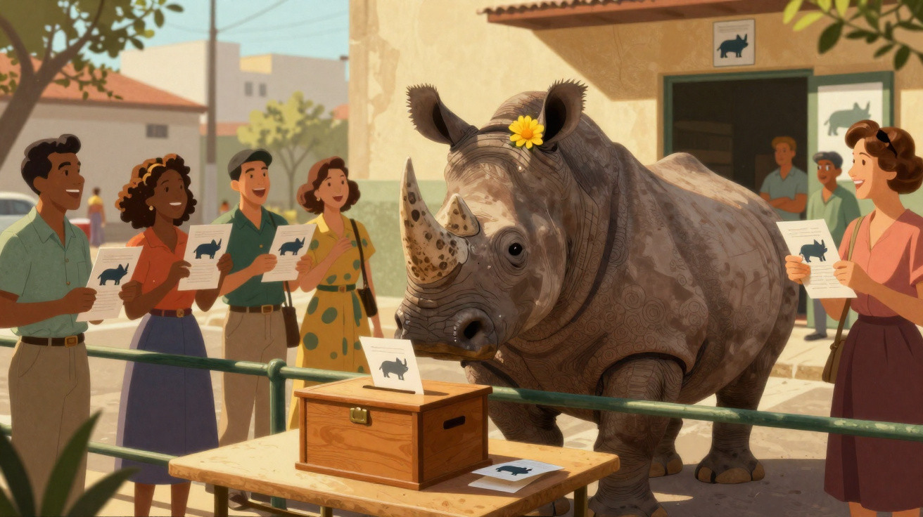 A rhinoceros with a flower behind its ear stands near people holding voting papers at a polling station outdoors.