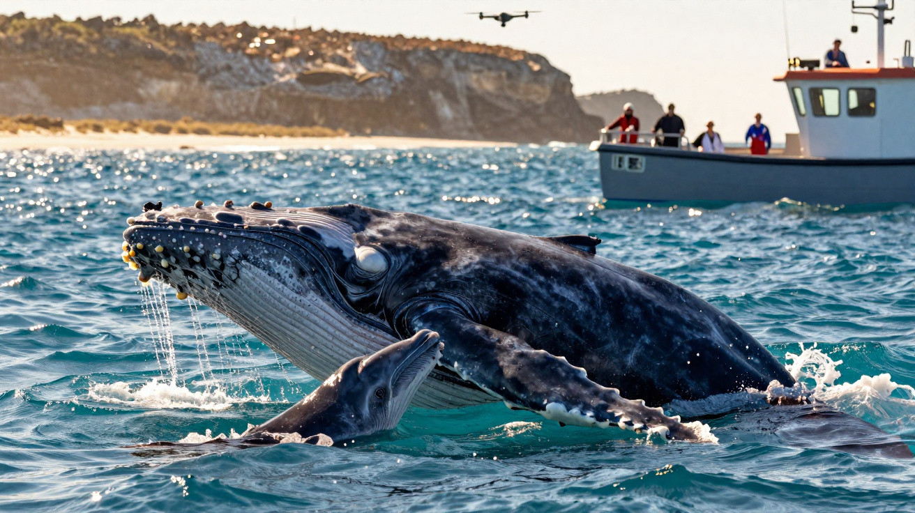 Humpback whale and calf breaching near a boat with people watching and a drone flying overhead.