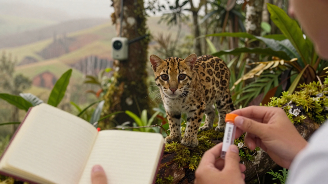 Small spotted wild cat on mossy branch near a person holding a notebook and a test tube in a forest setting.