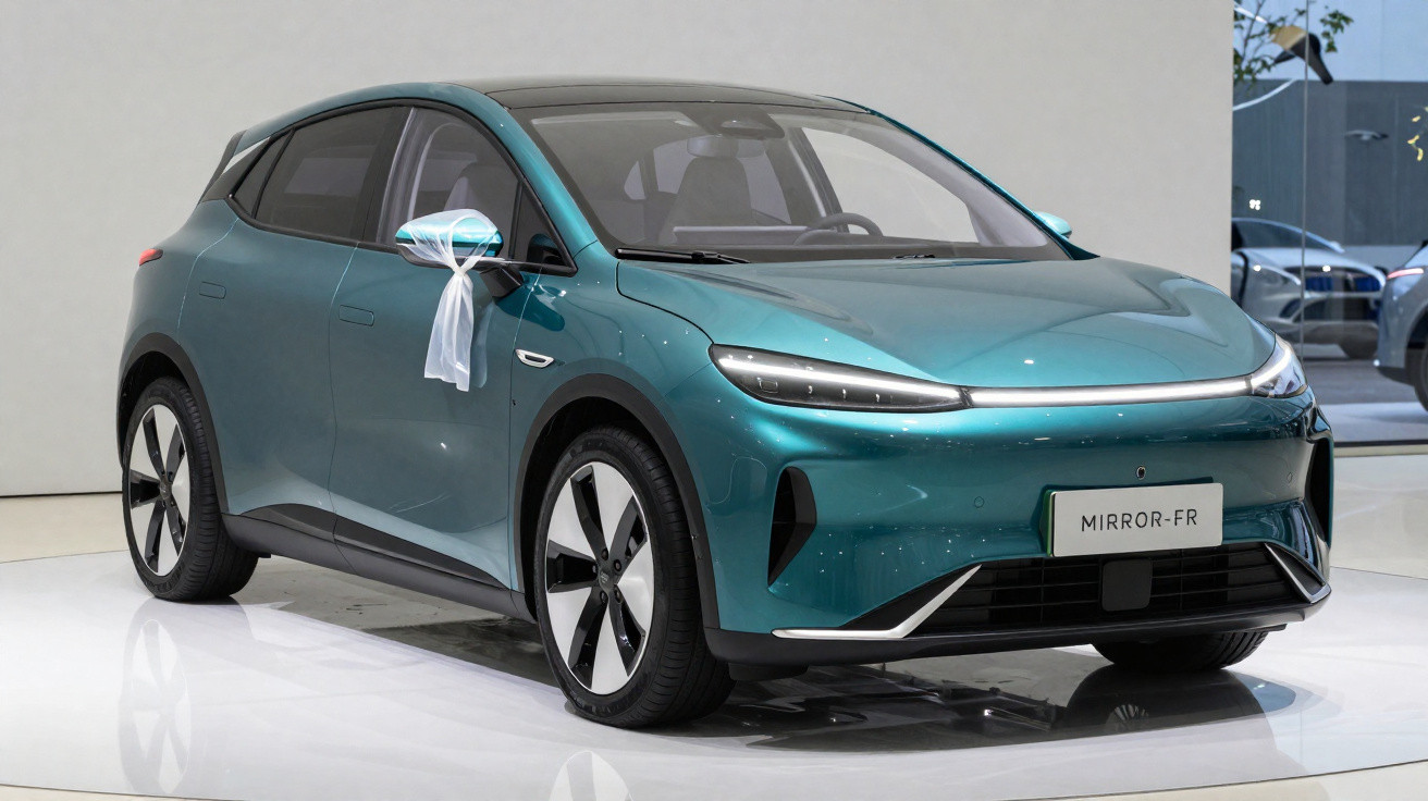 Teal electric hatchback car with sleek LED headlights and a white ribbon on the side mirror displayed indoors.
