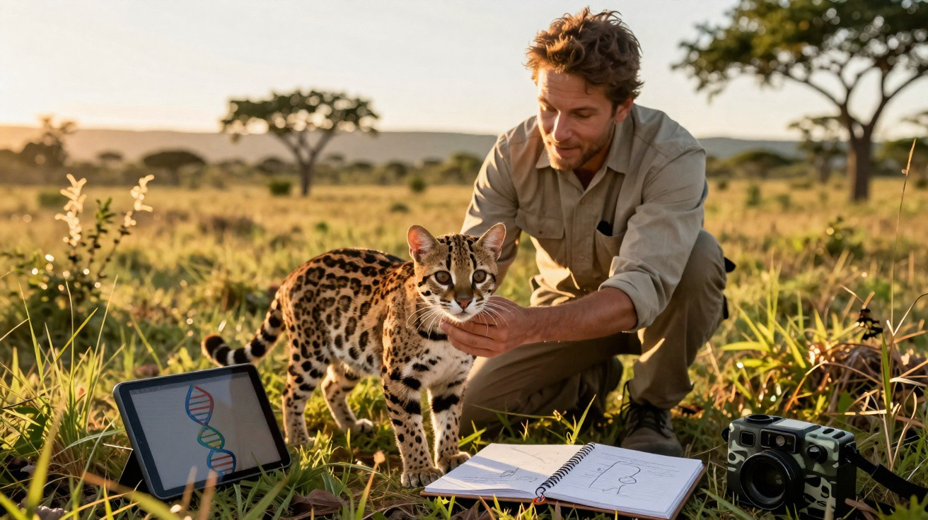 Man crouching in grassland gently holding a small wild cat near a tablet, notebook and camera during sunset.