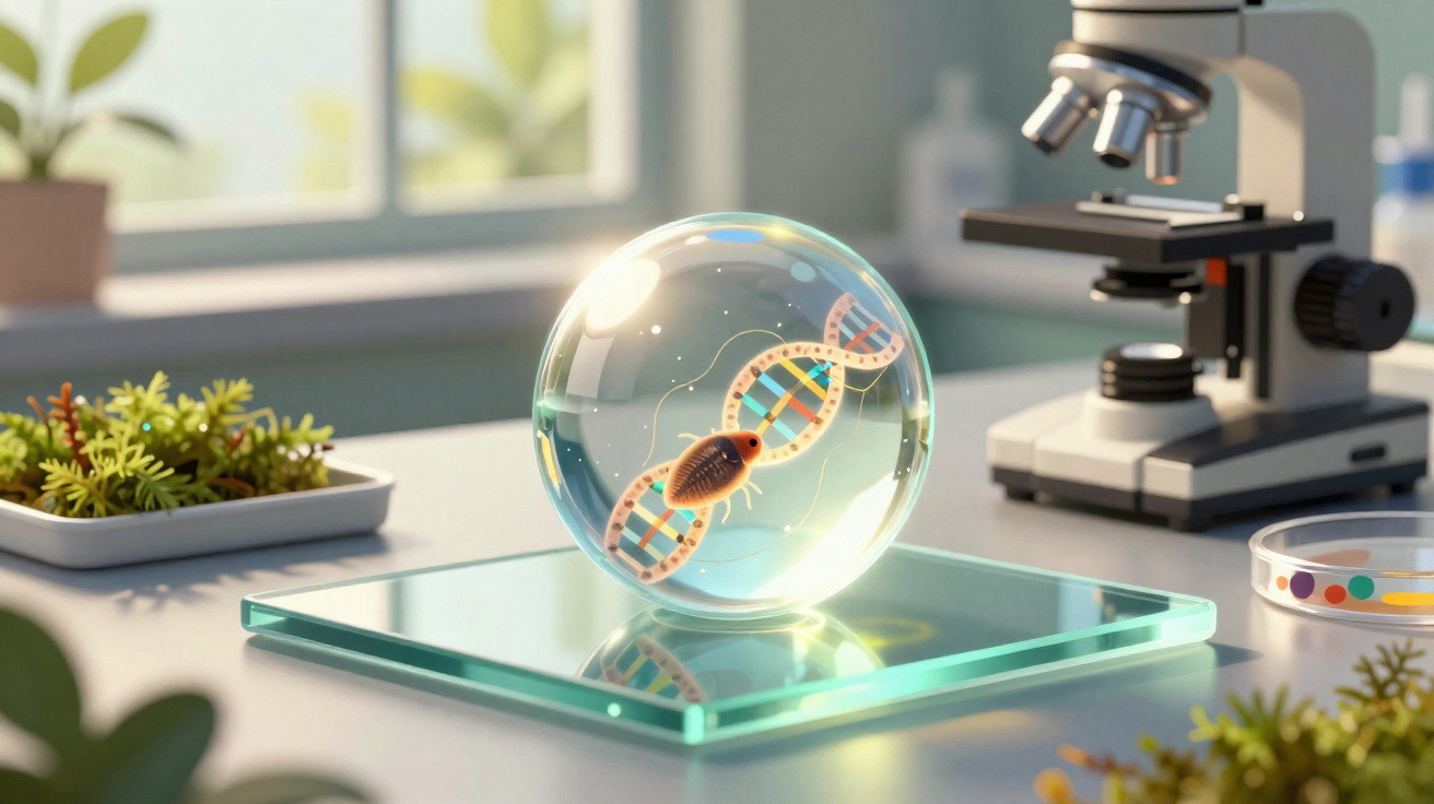 Clear glass sphere with DNA strand and microorganism inside on glass plate in a bright laboratory setting.