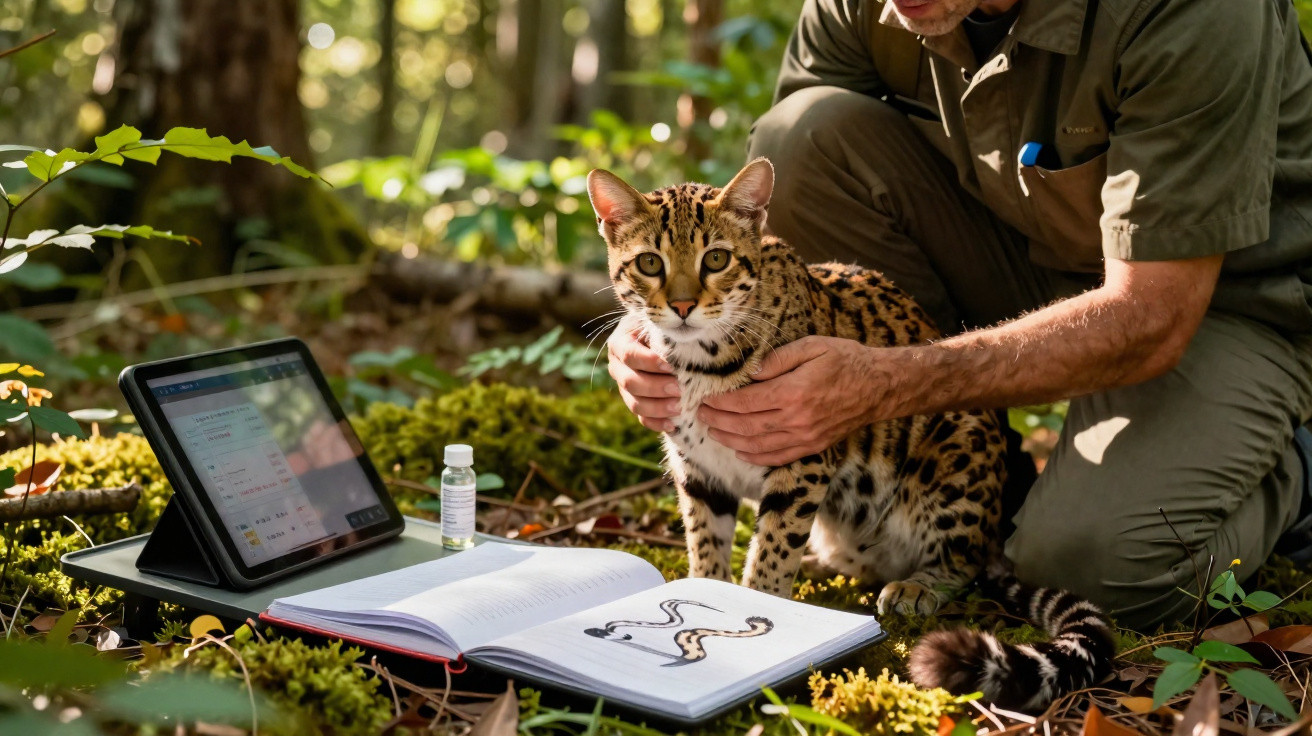 Person handling a captive serval cat in forest with open sketchbook and tablet on mossy ground.