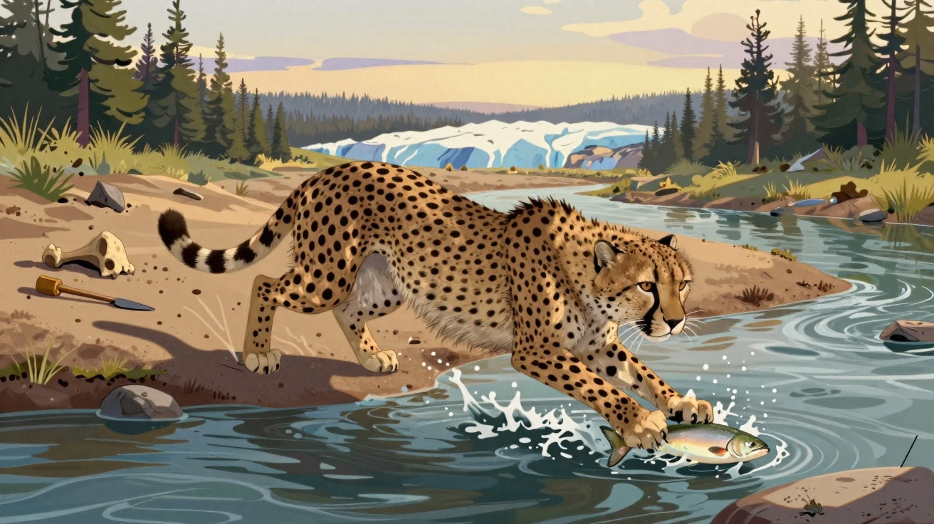Cheetah catching a fish in a river with a forest and snowy mountains in the background.