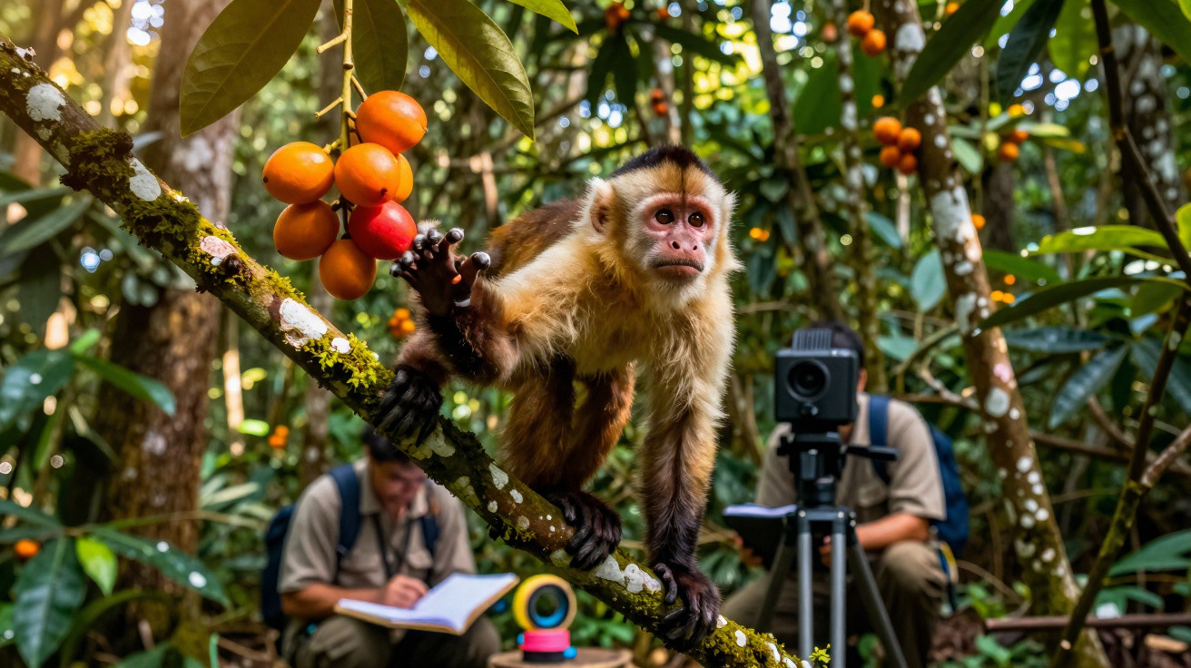 Capuchin monkey reaching for orange fruit on a mossy branch with researchers and camera in forest background.