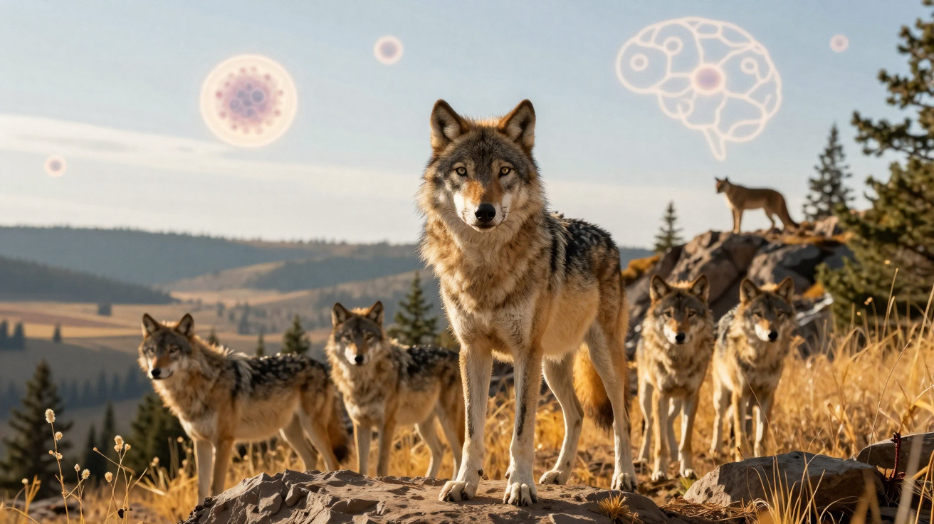 A pack of six wolves standing on rocky terrain with a forest and hills in the background under a clear sky.