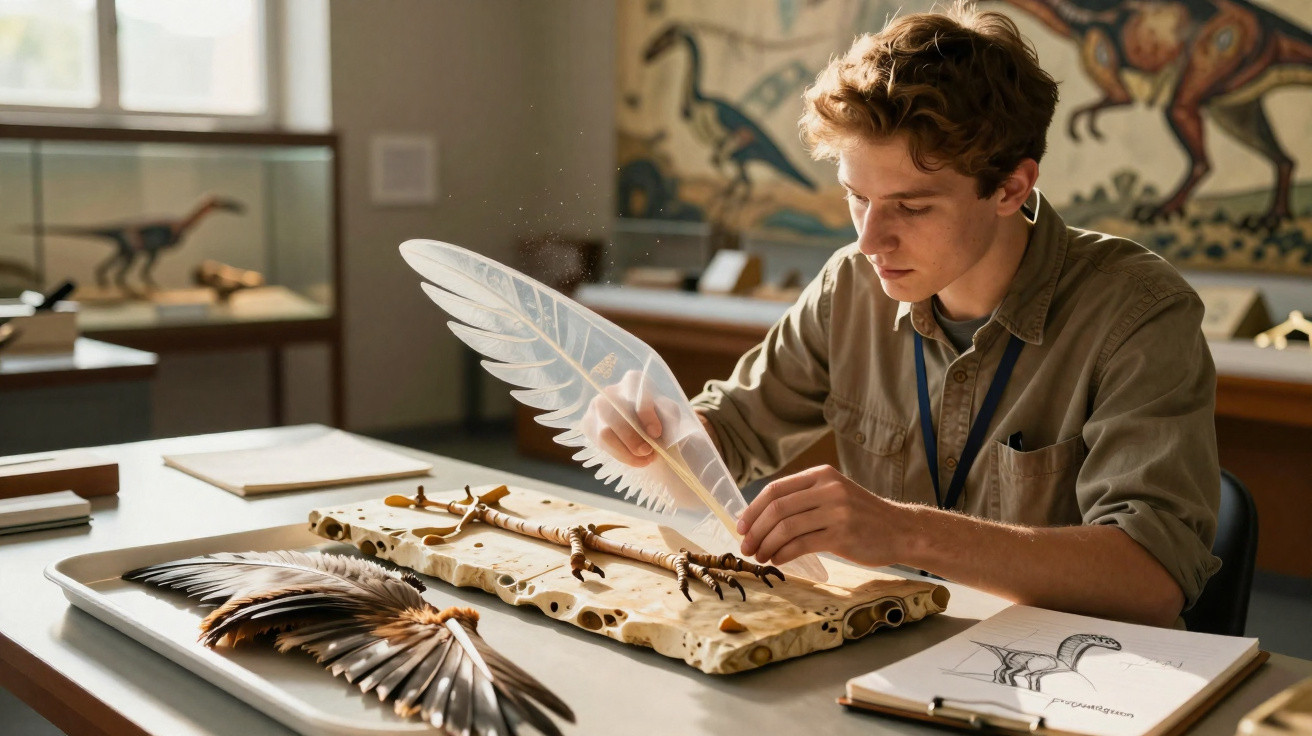 Young man assembling bird wing model with feathers at a table in a museum or classroom.