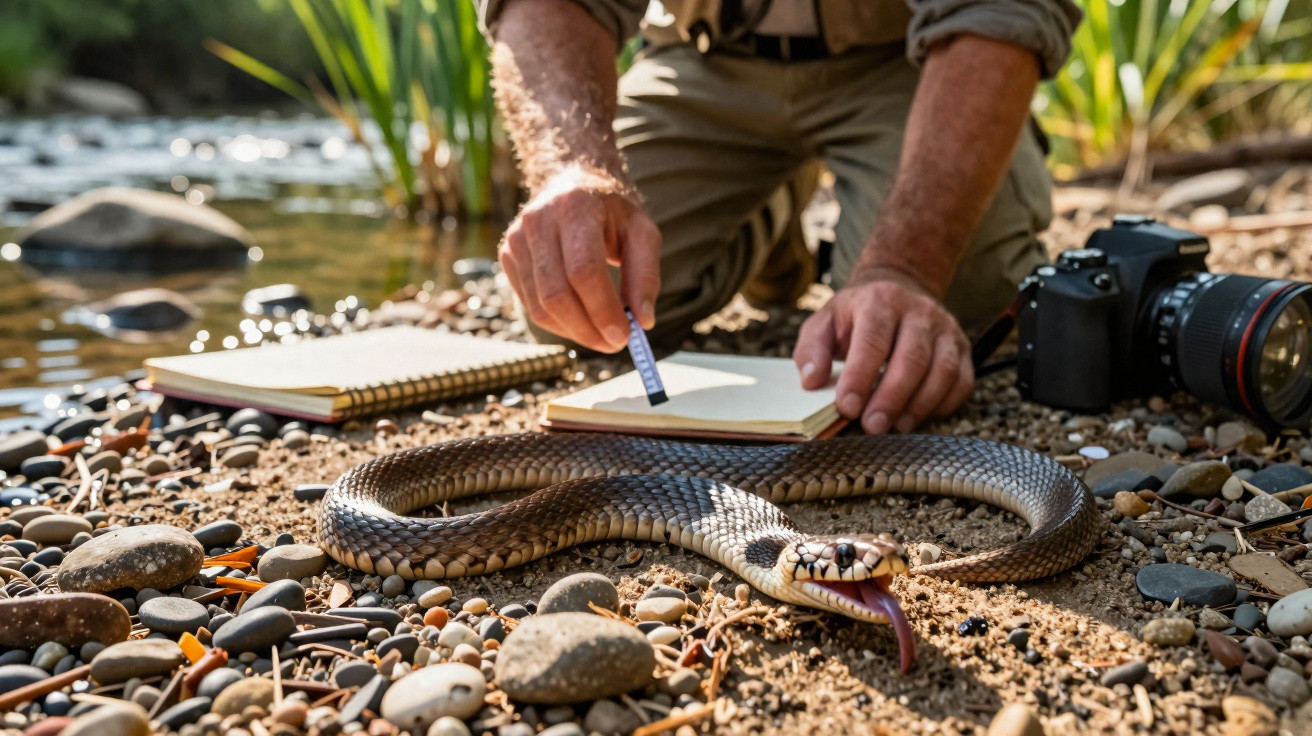 Person measuring a snake on a rocky riverside with a notebook and camera nearby.