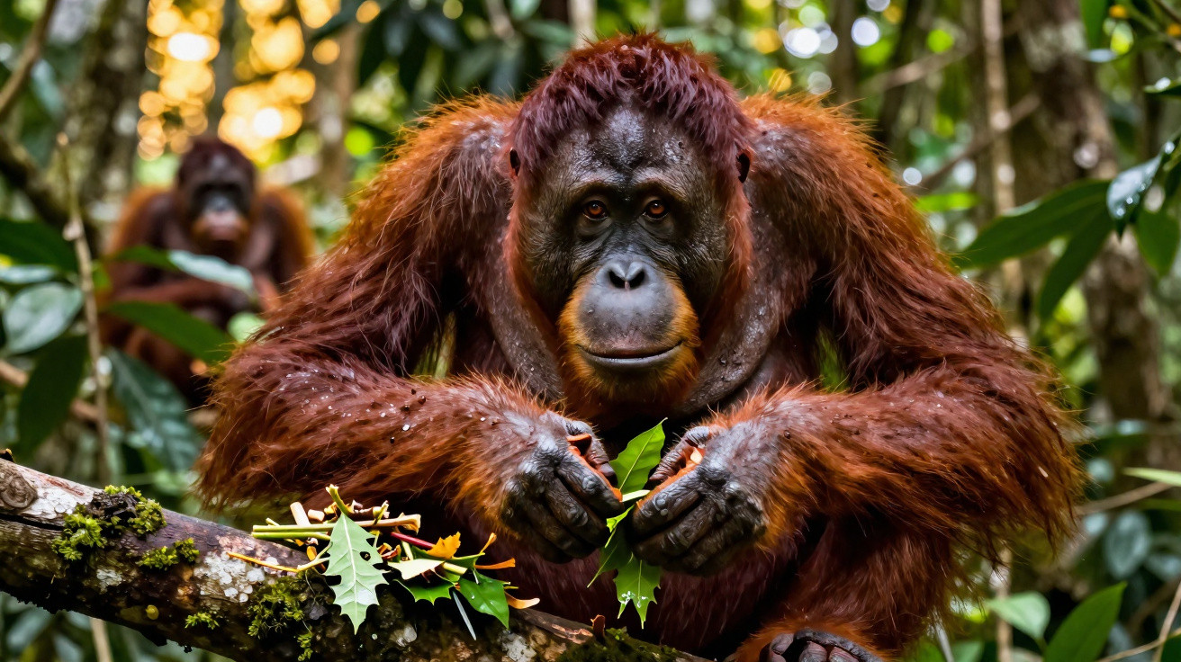 Orangutan sitting on a tree branch in a lush green forest, holding leaves with another orangutan in the background.
