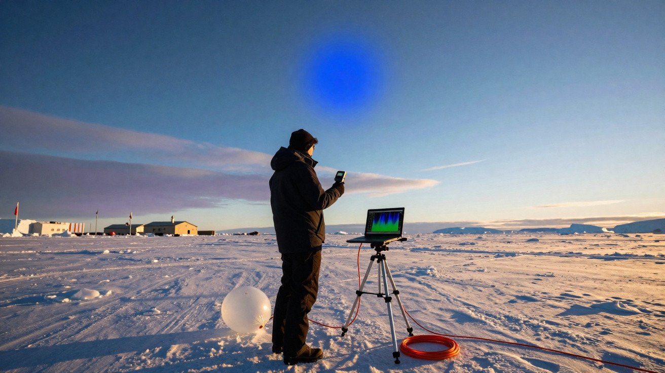 Person in winter clothing using electronic devices on snowy landscape with buildings in the background at sunset.